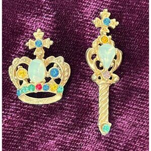 VTG Gold Tone Coronation Crown & Scepter Lapel Pins Moonstone & Gems